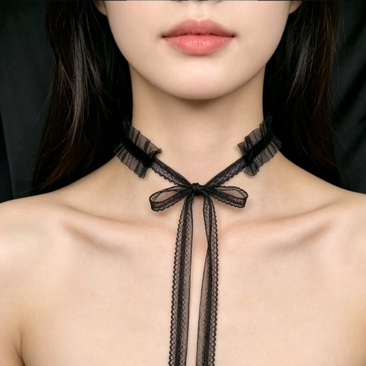 Sweet girly lace velvet choker with no clasp, bow tie neckband, collarbone chain, four colors