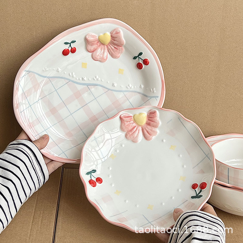 Ins Style Ceramic Tableware Set Girly Heart Cherry Plate Rice Bowl Soup Bowl Salad Bowl High-Looking Baked Rice Bowl Plate Ins Style Ceramic Tableware Set Girly Heart Cherry Plate Rice Bowl Soup Bowl Salad Bowl High-Looking Baked Rice Bowl Plate