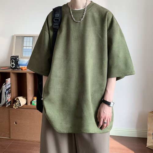 Simple Color Korean Cowhide Fleece Round Neck Short Sleeve T-Shirt Summer New Men and Women's Large Size Loose Matchy Top