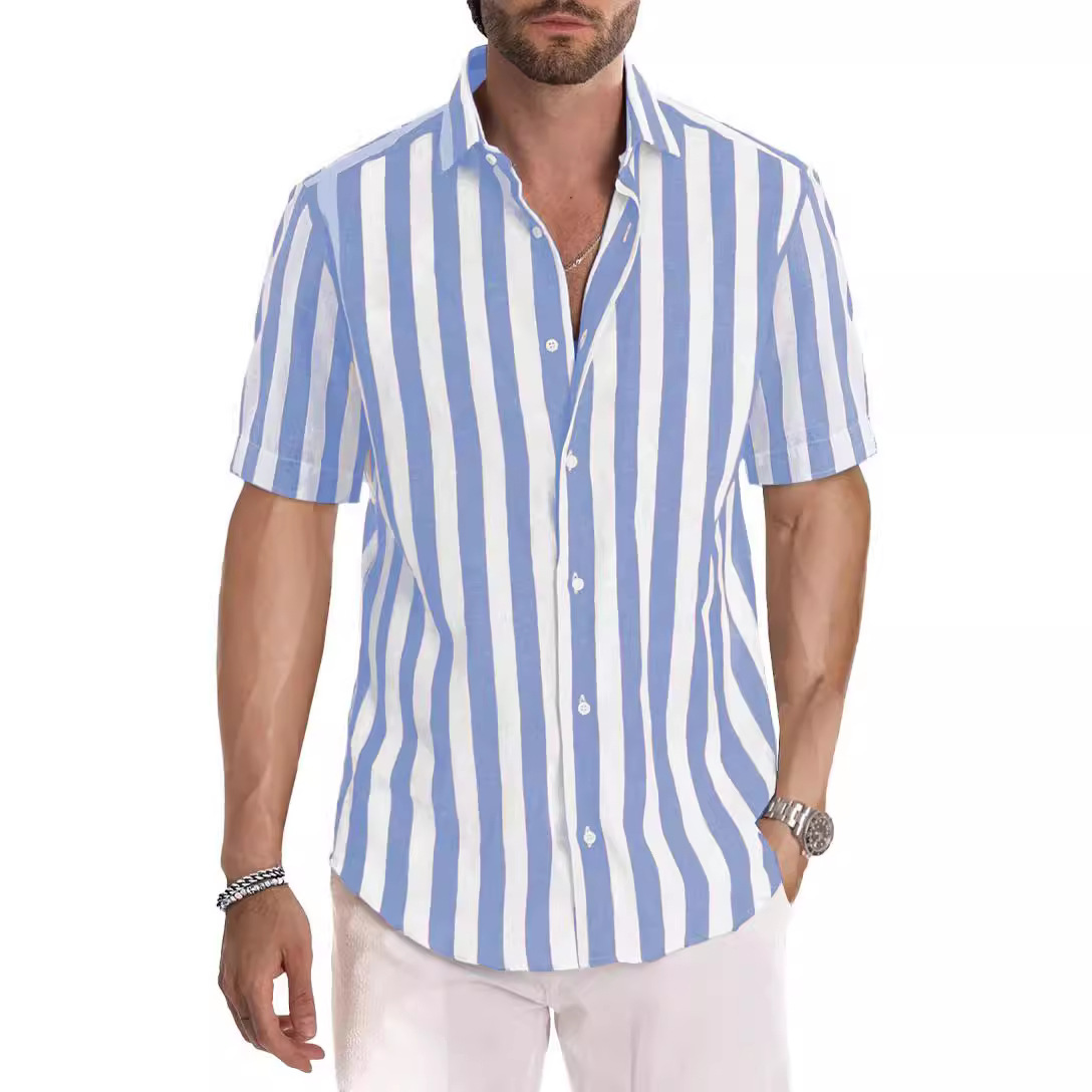 Monochrome Man – Grenzüberschreitendes Sommerhemd für Herren im europäischen und amerikanischen Stil: Strand, Freizeit, Sport, gestreift, Kurzarm, Umlegekragen_voghion.com