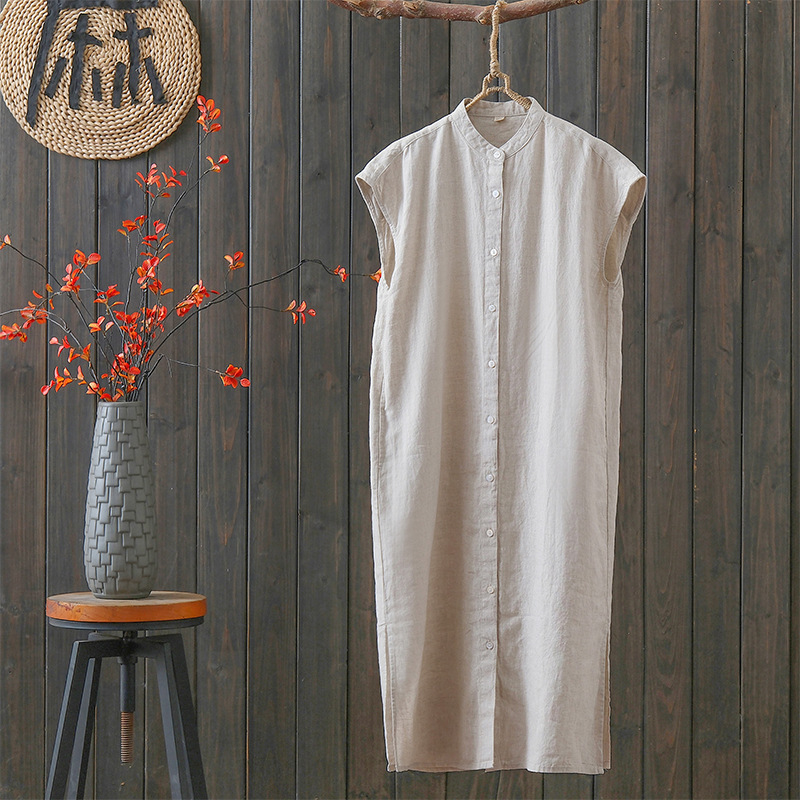 Summer unprinted new linen dress women plus size washed stand collar loose skirt casual shirt dress