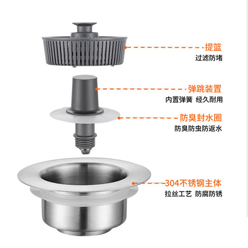 Stainless steel kitchen sink pop-up core drain sink dishwasher filter basket wash basin water blocking cover leak plug