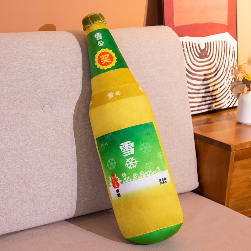 Simulación creativa impresa cerveza almohada botella de copo de nieve juguete de peluche abrazando muñeca dormida regalo de cumpleaños grande