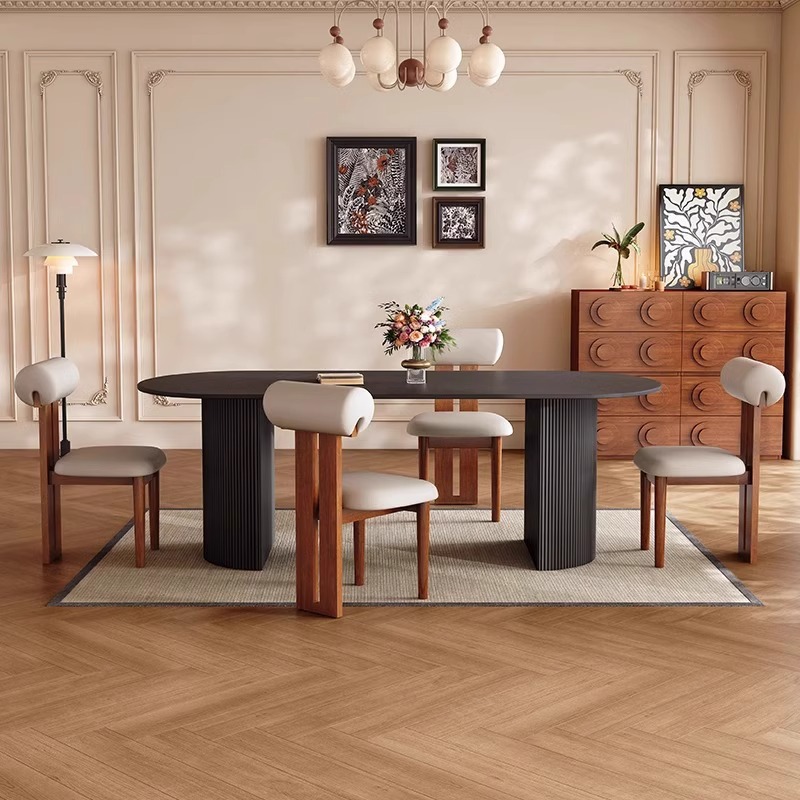Mesa de comedor de roca medieval francesa estilo pequeño estilo retro lujo ligero hogar negro retro mesa de comedor ovalada silla
