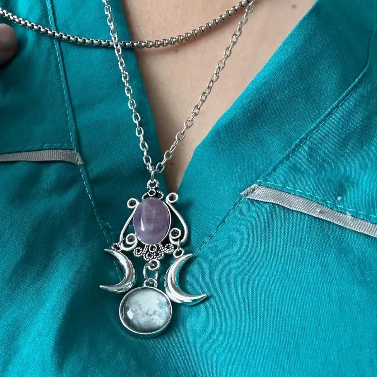 Трансграничная внешняя торговля Тройная лунная богиня ожерелье Европейские и американские аметисты ювелирные изделия ретро креативная личность сплав ожерелье