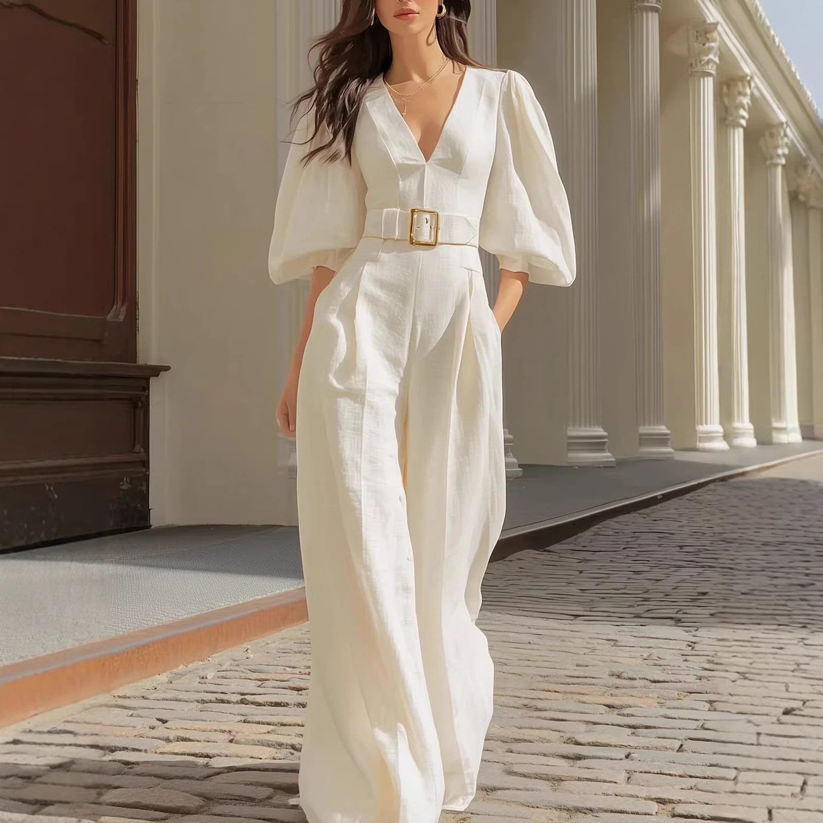 2026 European and American Women's Fashion Amazon Independent Site Solid Color V-Neck Mid-Sleeve Jumpsuit with Belt and Pockets Long Pants