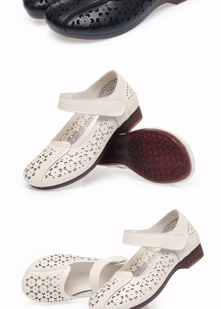 Sandal da thật mùa hè cho nữ trung niên đế mềm chống trượt — Màu đen chi tiết 18