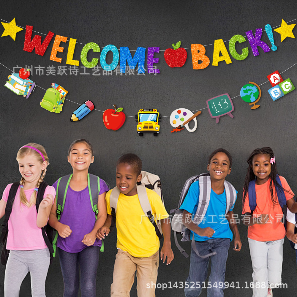 Nueva Bandera de tirón de decoración de fiesta de regreso a la escuela NOSOTROS VOLVER tire de la bandera de tirón de flores suministros de decoración de temporada de apertura de jardín de infantes