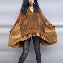 个性做旧麻花编织拼接荷叶边大码宽松蝙蝠袖V领长袖针织衫女春款