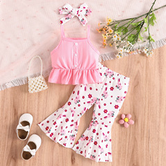 2024春夏新款女童復活節甜美吊帶上衣卡通兔子印花喇叭褲髮帶套裝