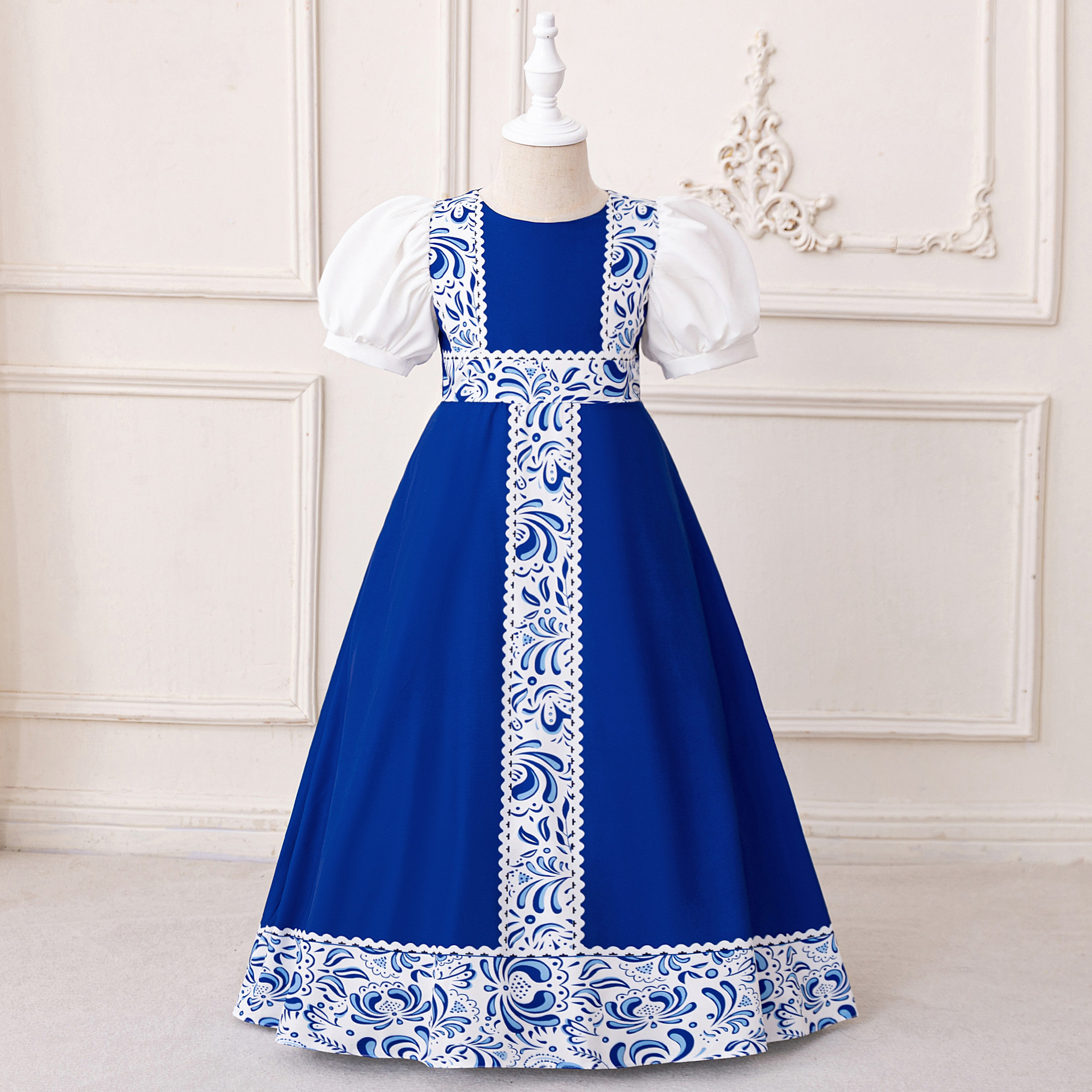 Vestido estilo túnica transfronterizo de nuevo estilo para niñas, vestido estampado con mangas abullonadas, vestido largo con cuello redondo, vestido túnica infantil. image 1