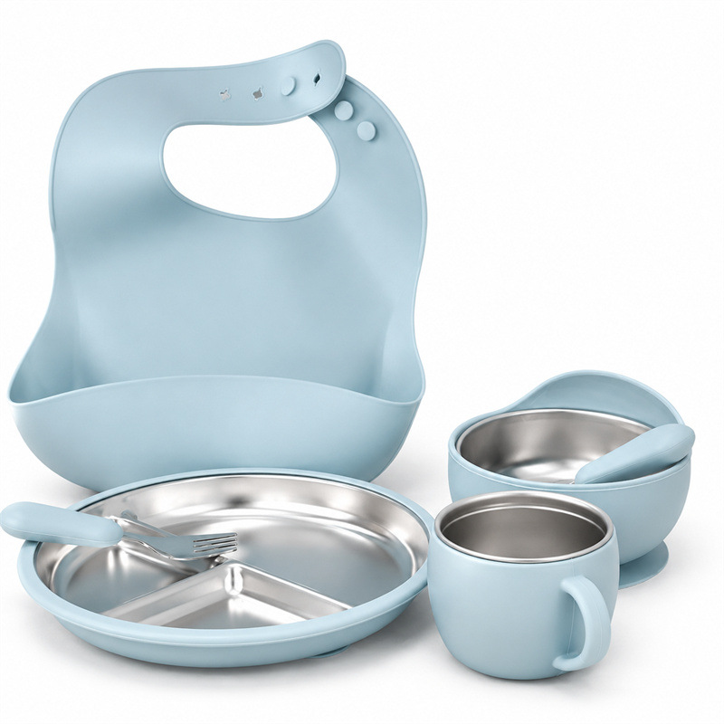 Transfronterizos de cubiertos de acero inoxidable para niños cubiertos de silicona cubiertos de alimentación infantil de seis piezas
