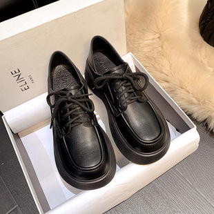 Black Thick-Soled Small Leather Shoes 2023 Autum New Preppy Lace-Up Platform British Style Loafers Versatile Shoes