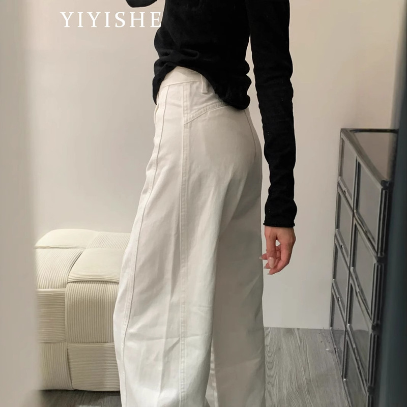 白色弯刀阔腿牛仔裤女2025夏季新款美式高腰显瘦休闲镰刀直筒裤子|undefined