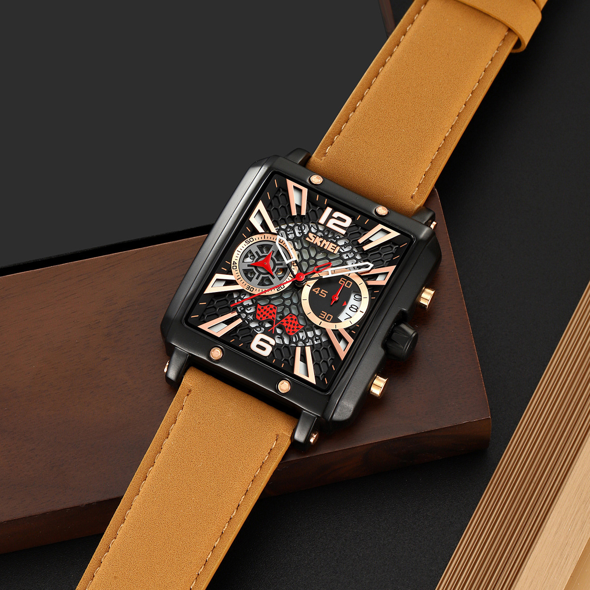 Momento Meiyuan Factory hombre cuadrado cronógrafo de carreras correa esmerilada relojes de cuarzo impermeables ventas transfronterizas calientes