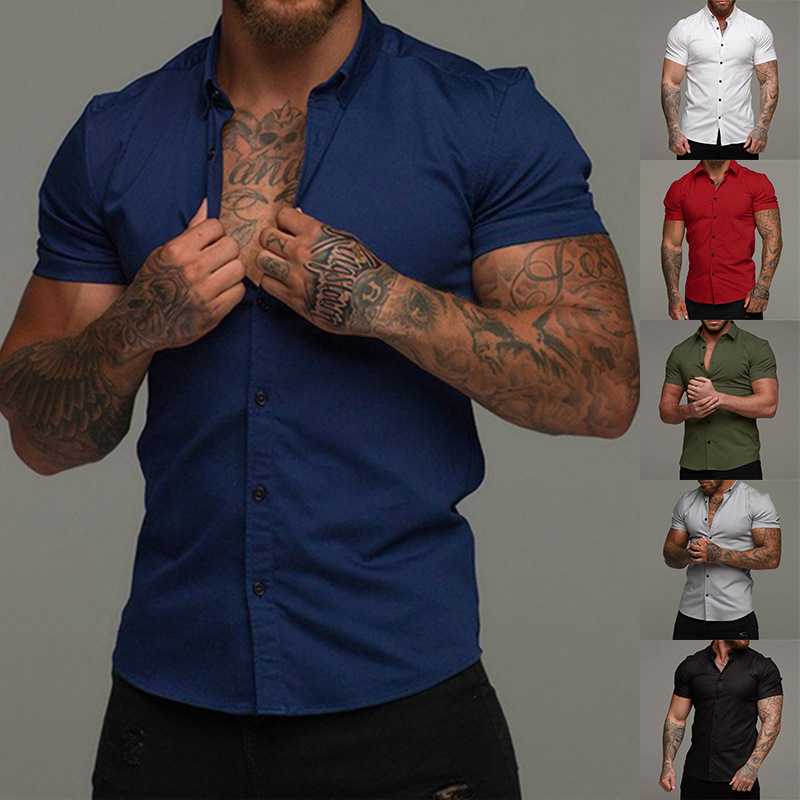 Muscle New Style Fitness Short-Sleeved Lapel Shirt Elastic Solid Color Sports Casual Cardigan Business Non-Iron Shirt Men's Clothing