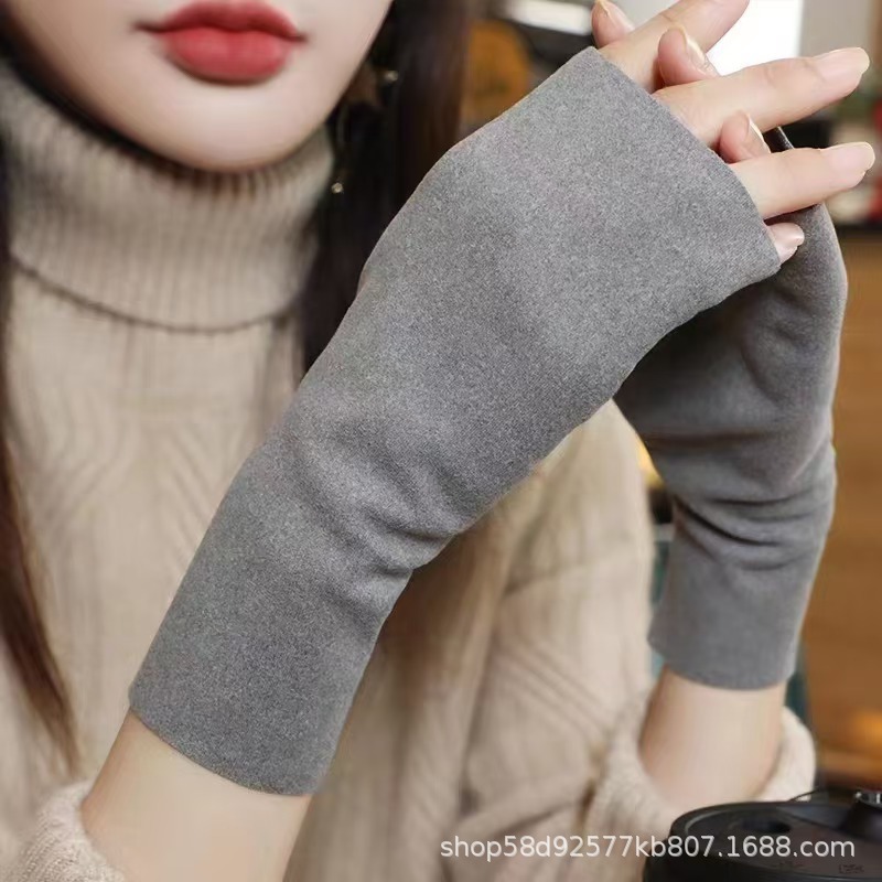 冬季自发热德绒半指触屏加绒手套秋冬保暖手套女保暖护腕露指手套|undefined