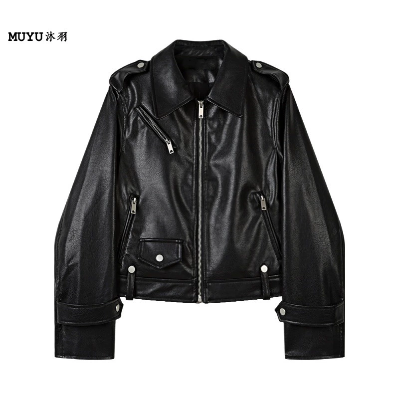 Design short polyurethane autumn retro jacket, french style