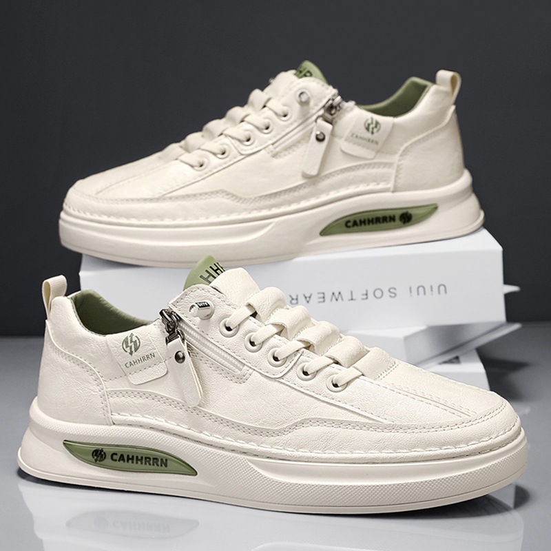 Zapatos de skate para hombres zapatos blancos bajos estudiantes 2025 nuevos zapatos de cuero casuales de primavera para hombres zapatos de moda con cremallera para adolescentes