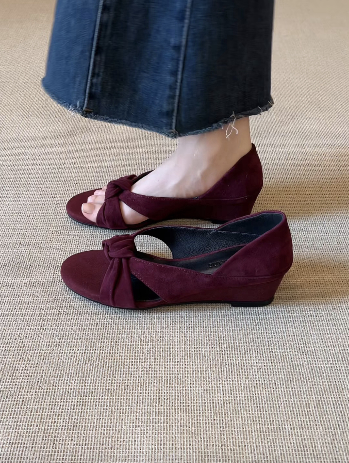 Sandal cao gót nữ hở mũi dây buộc chéo da lộn phong cách La Mã — màu nâu chi tiết 4
