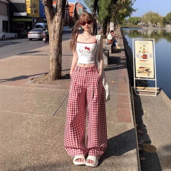 アメリカ式の赤い格子のカジュアルなズボンの女性2025春の新型のレトロな高腰のまっすぐな筒はやせています。