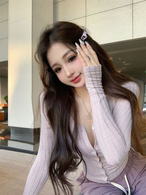 芋泥紫色长袖开衫女2025秋季甜辣妹内搭打底衫修身低u领短款上衣|undefined