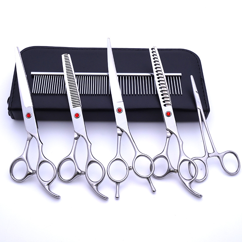 Fabricante de juegos de tijeras para mascotas, tijeras de peluquería canina al por mayor de 7 pulgadas, suministros morados para perros.