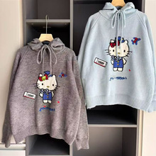 韩版秋冬新款针织连帽套头女宽松连帽刺绣毛衣慵懒高级感上衣女潮