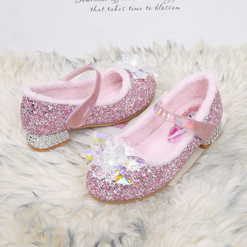 Girls high-heeled cotton shoes  autumn and winter new plus velvet warm furry Elsa crystal princess shoes one-word strap children's shoes