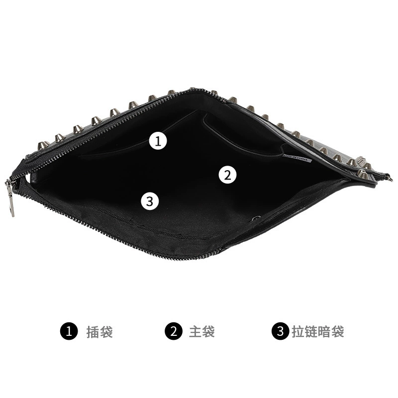 Маленькая clutch-сумка через плечо, корейский панк-стиль, нашивки-акценты, черная, 34,5×2×24,5 см