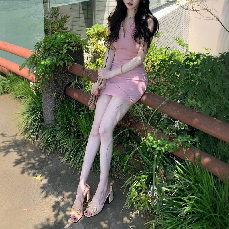 【Fart Sho】Strawberry Gummy Pink Collared Sleeveless Tank Dress for Women, Spring/Summer Bodycon Dress for Leisure Travel 【Fart Sho】Strawberry Gummy Pink Collared Sleeveless Tank Dress for Women, Spring/Summer Bodycon Dress for Leisure Travel