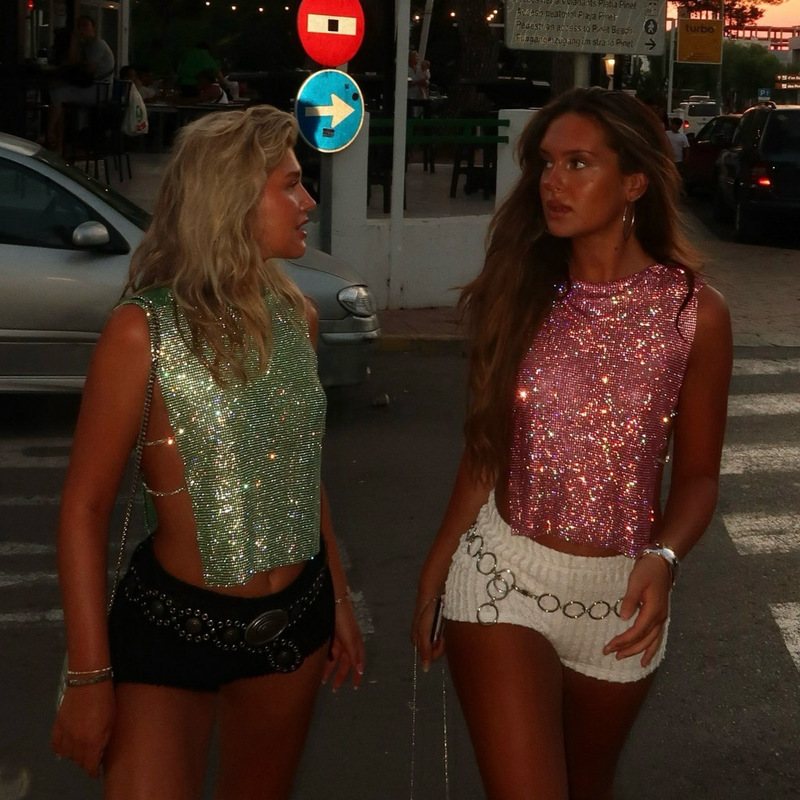 Amazon Cross-border New Metal Vest Full Diamond High Collar Top Christmas Spice Girls Party Rhinestone Vest Top