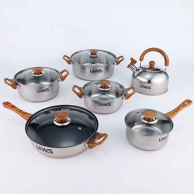 Cross border Source of goods Stainless steel 12 Set of parts Wood Handle kettle Cookware combination kitchen cooking Cookware suit