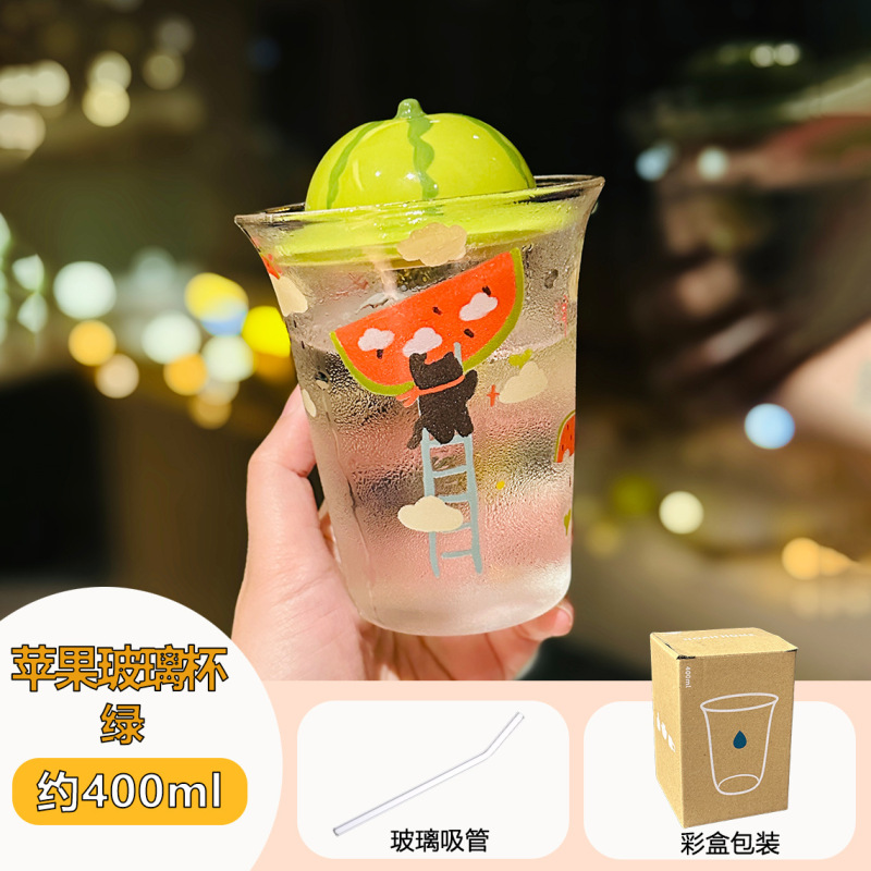 卡通苹果高硼硅玻璃杯带盖可爱家用水果吸管杯耐高温马克杯伴手礼|undefined
