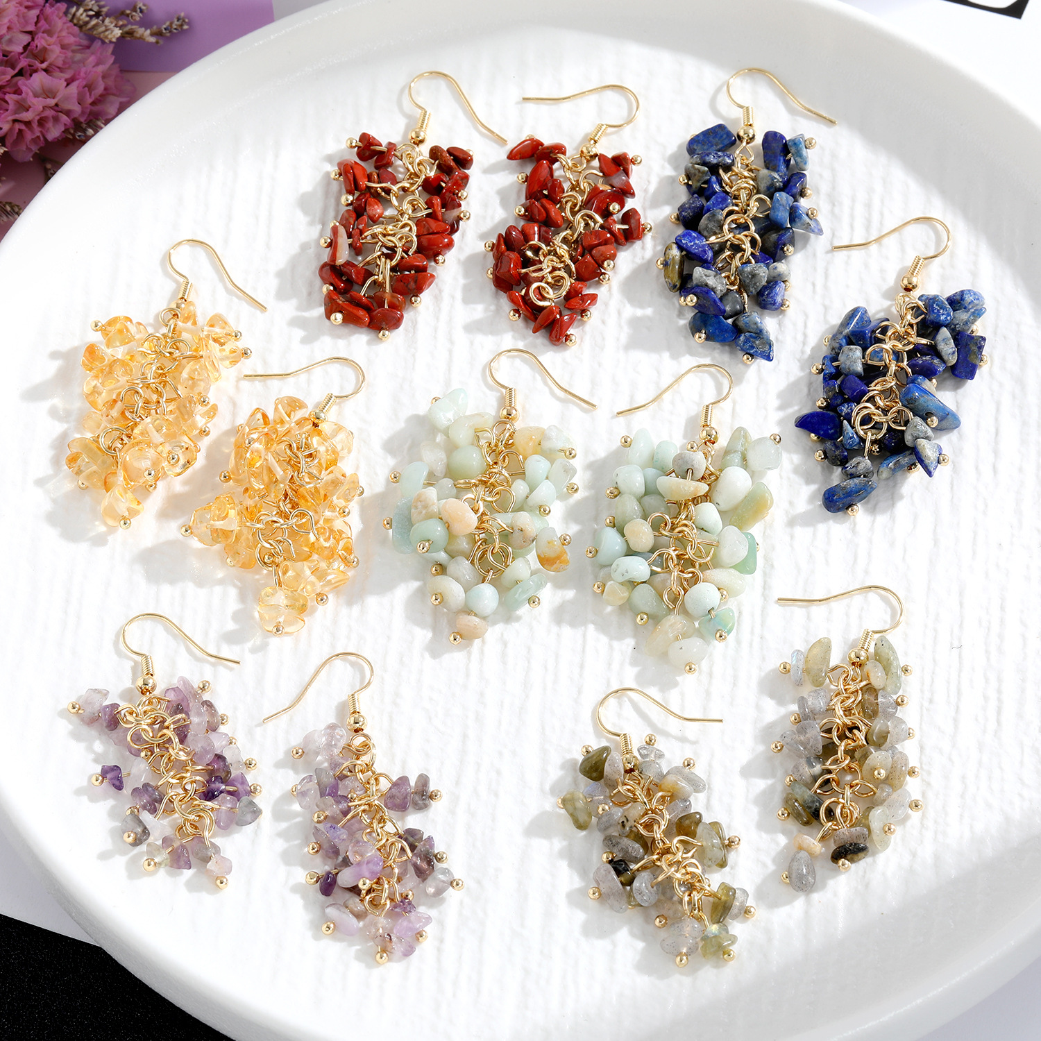 10g Weight Drop Earrings Classification 1 Pair Retro Printing Natural Stone Crystal Drop Earrings