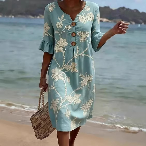 European and American Style Fresh Pastoral Floral Print Mid-Length Dress with Five-Quarter Ruffle Sleeves, V-Neck, Buttoned, Loose-Fitting Vacation Dress