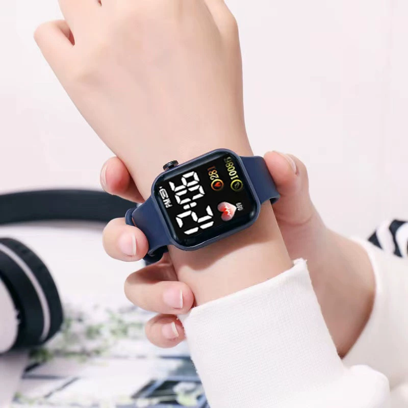 Kids digital watch, LED touch display, waterproof, silicone strap, multicolor options