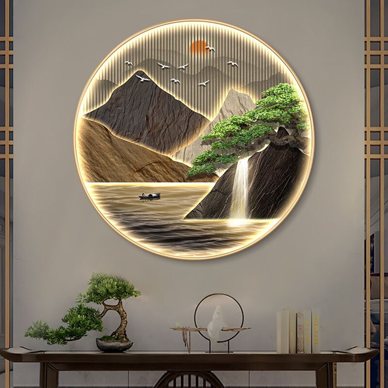 新しい中国風の円形玄関装飾絵画、流れる水が富を生み出す、玄関ドア、廊下、通路、風景画、茶室吊り絵画、壁画|undefined