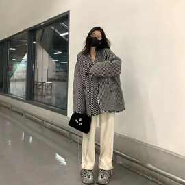 格子双排扣小香风外套女新款秋冬款外穿气质宽松学生百搭显瘦大衣