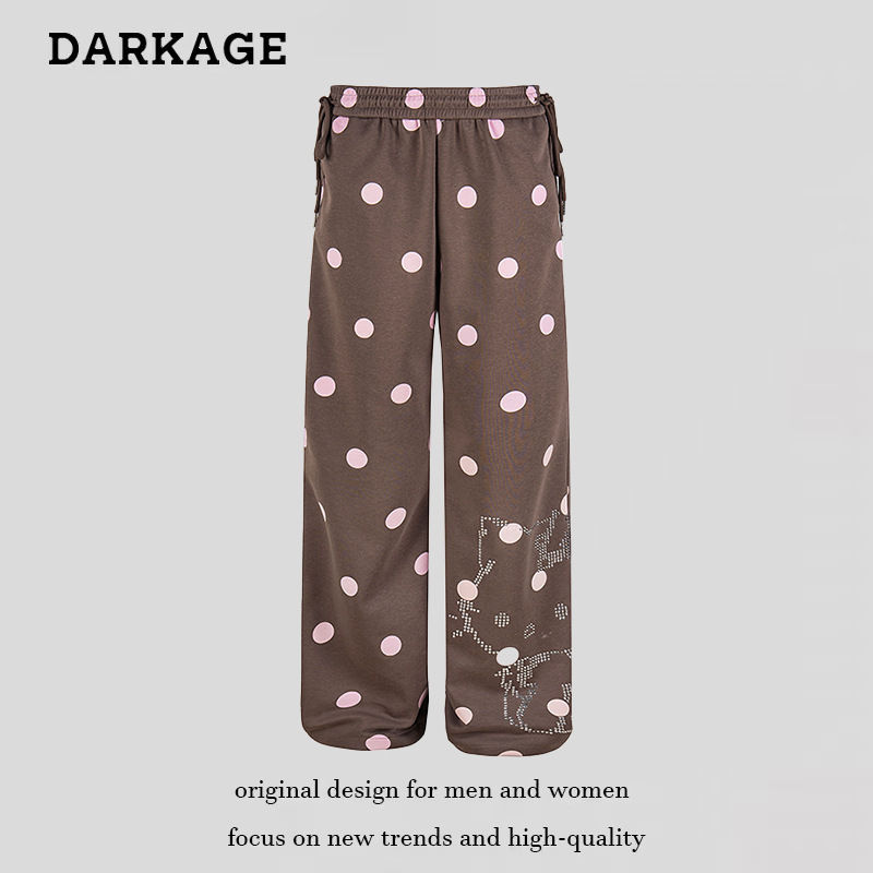 American Retro Style Full-Print Polka Dot Drawstring Wide-Leg Casual Pants for Women, New Spring Model with Rhinestone Hello Kitty Design, Drapey Floor-Length Pants