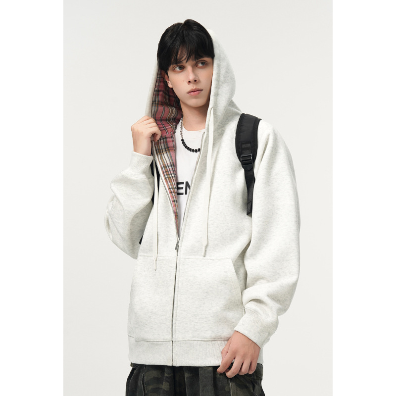 420 g schwerer, geblümter grauer Partner-Hoodie für Damen und Herren, Oversize-Patchwork-Karojacke für den frühen Herbst_voghion.com
