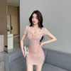 Hip wrapped short skirt sexy spicy girl low cut slim fit design feeling knitted sequin dress