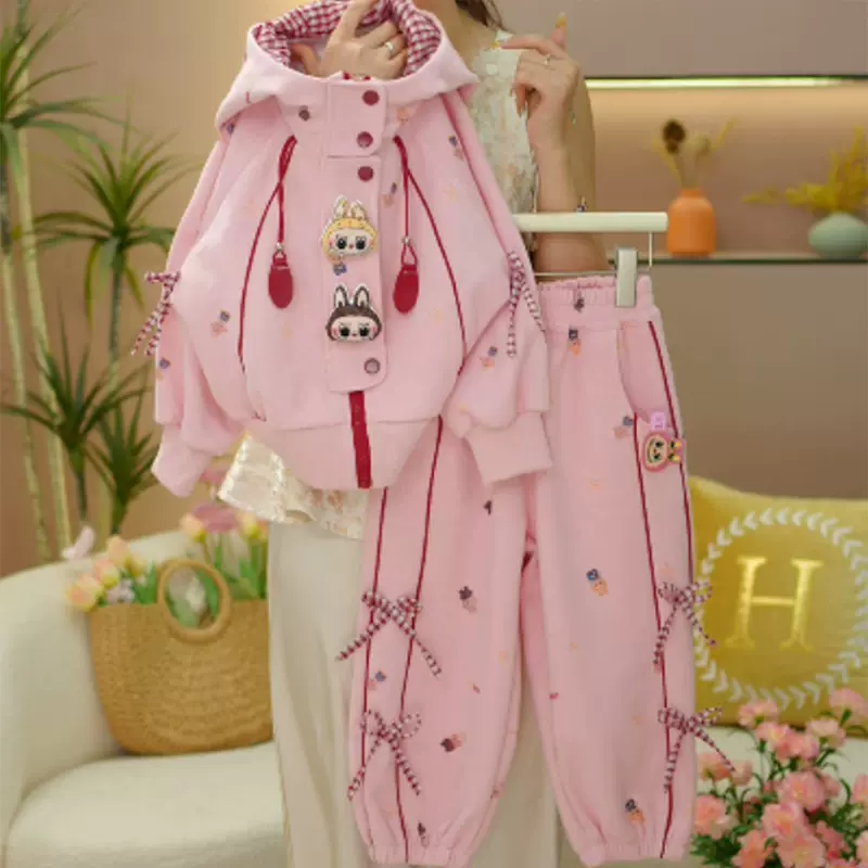 女童套装春秋2025新款儿童洋气拉布布连帽上衣女孩秋装网红两件套