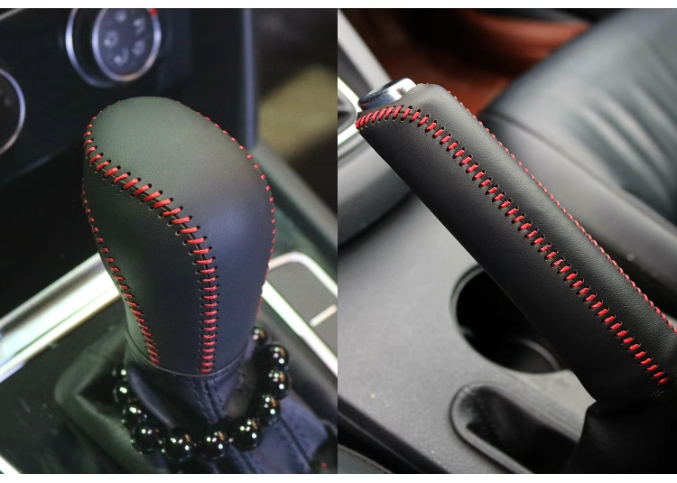 Car gear shift knob cover for Volkswagen 2012 Tiguan, Magotan, Bora, Lavida, and Sagitar; hand-stitched gear shift cover and handbrake cover