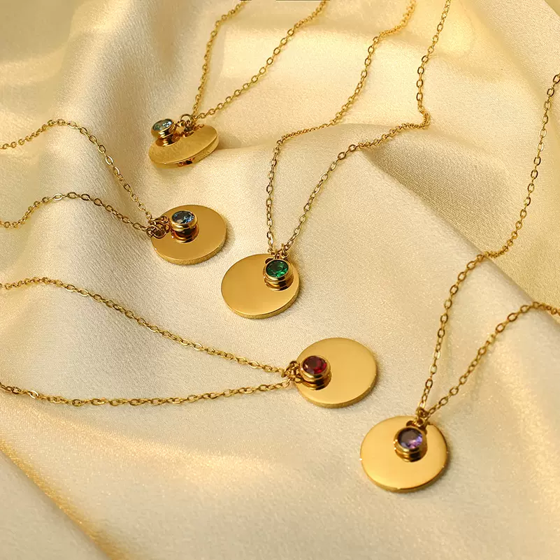 现货欧美十二月份生辰石圆牌项链 diy镜面不锈钢激光名字吊坠