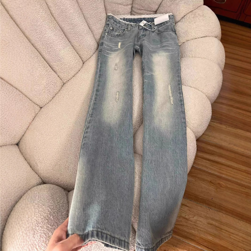 Retro Washed Light-Colored Bootcut Jeans for Women in Spring & Fall New Style Lace Splicing Low-Waist Loose Non-Leg-Hugging Flared Pants