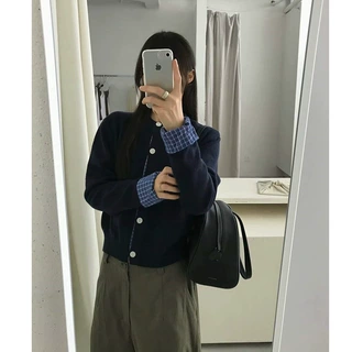 韩系假两件衬衫拼接针织开衫女秋冬新款设计感学院风软糯毛衣外套