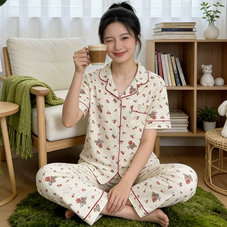 夏季仿棉睡衣女ins风樱桃小熊卡通舒适宽松家居服短袖两件套批发