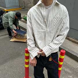 跨境跑量爆款泡泡纱美式条纹衬衫男春秋款高级感正肩长袖衬衣外套