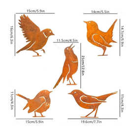 Teum热销5只生锈金属小鸟铁艺工艺品生锈的鸟雕塑户外花园场景装
